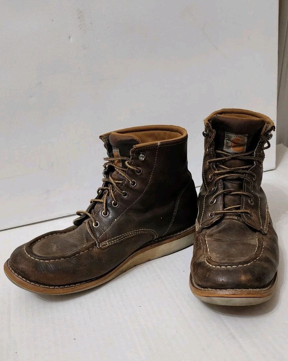 Carhartt Work Boots Mens 11.5 brown Leather Moc Toe Wedge Sole Preworn Lace Up